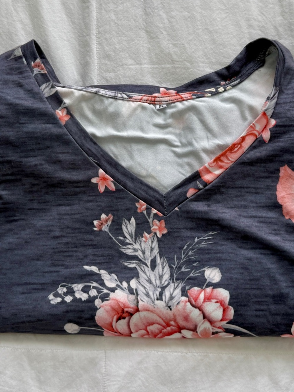 Floral V-Neck Top in Navy with Coral Flowers